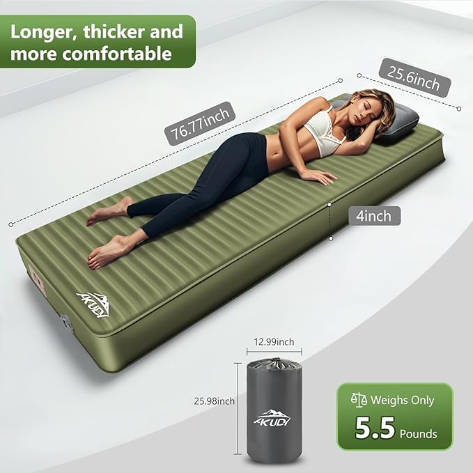Self Inflating Sleeping Pad with Electric Pump 4 Ultra-Thick Memory Foam Camping Pad with Pillow 9.5 R-Value Insulated Camping Mattress Army Yellow