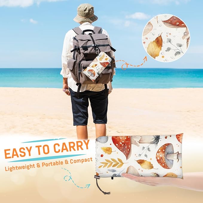Waterproof Sandproof Beach Blanket 59''×68'' Mushroom Polyester Outdoor Picnic Blanket with 4 Stakes &amp Storage Bag for BeachCampingVacation Orange-Yellow