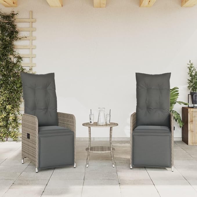 Grey PE Rattan Reclining Chair Set of 2 Steel Frame 21.5x23x36.2 Adjustable with Cushions Patio/Balcony/Poolside