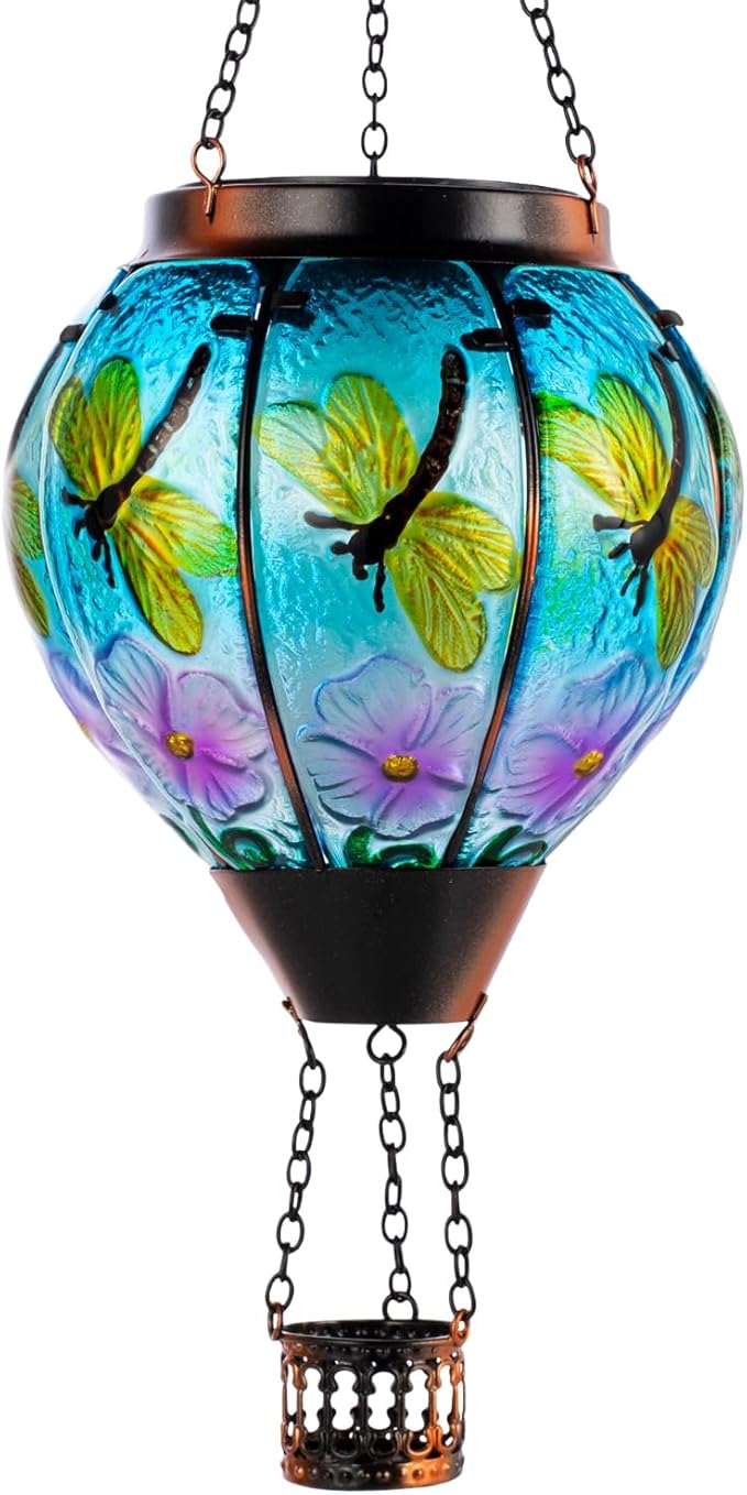 Dragonfly Solar Hot Air Balloon Lantern with Flame Glass Hot Air Balloon Solar Lantern Outdoor Waterproof Decorative Hanging Hot Air Balloon Solar Light for Outside Garden Patio Yard
