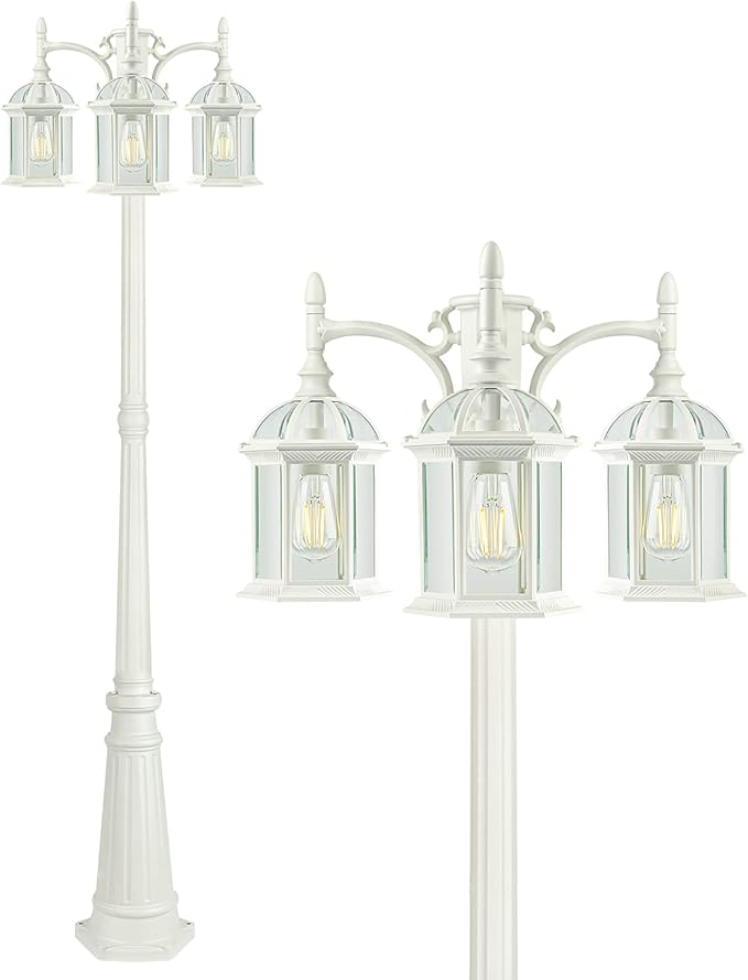 3-Head Outdoor Lamp Post Light Birdcage Waterproof Outside White Street Light Pole with Clear Glass Shade for Yard Garden Patio Path Driveway