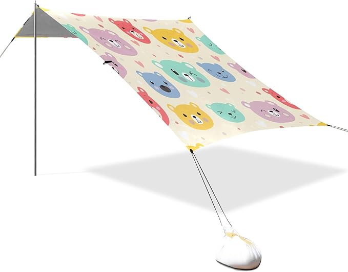 Bear Beach Canopy Sun Shelter with Sandbags &amp Sand Shovel &amp Windproof Ropes - Portable 110x126 Beach Shade Beach Tent for Camping Picnics