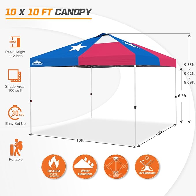 EAGLE PEAK Pop Up Canopy Tent with Wheeled Carry Bag 8 Stakes 4 Ropes 4 Weight Bags Easy Set Up Tent Canopy 10x10 ft 100sqft of Shade Texas