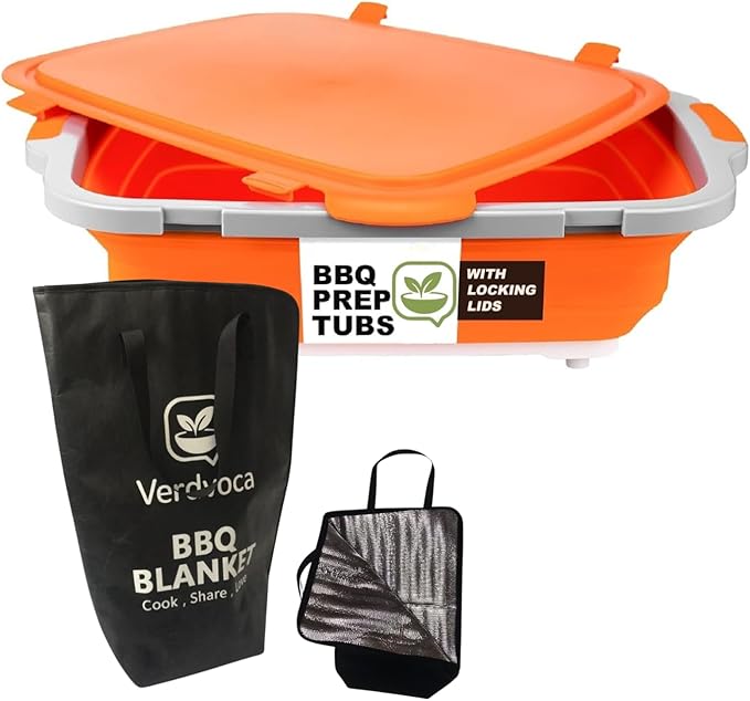 16L Orange Collapsible BBQ Prep Tub with Locking Lids &amp 21 Inch Tyvek Black BBQ Blanket for Resting Meat