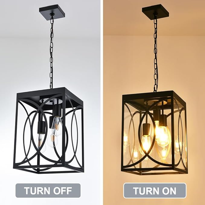 Outdoor Pendant Light Fixture 3-Light Black Large Exterior Hanging Lantern with Clear Glass Metal Outdoor Chandelier Porch Lighting for Front Porch Entrance