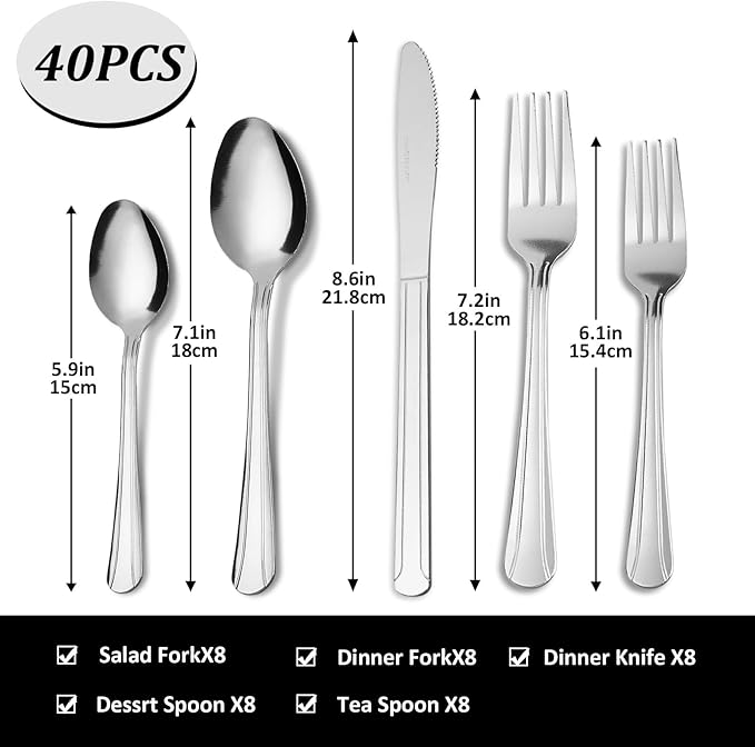 Silverware Set for 8 - Dominion 40PCS 18/0 Stainless Steel Flatware Utensils Cutlery Set Includ Steak Knife Fork Spoon for Home Restaurant Wedding Party Dishwasher Safe &amp Mirror Polished