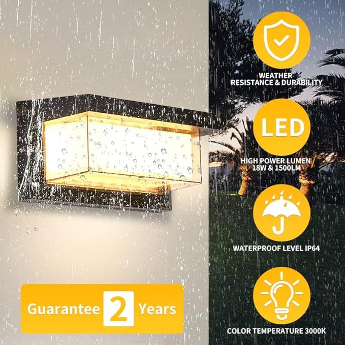 18W Modern LED Wall Light Outdoor 2Pack3000K Warm White Waterproof Porch Patio Lights Mount Outside FixturesMatte Black Aluminium LANFU