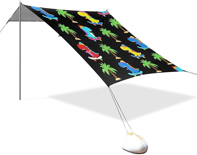 ALAZA Cute Dinosaurs Dino Palm Tree Beach Tent Sun Shelter UPF50+ Protection Beach Shade Canopy w/ 4 Sandbags for Outdoor Camping Fishing Backyard Fun Picnic 10x9 ft