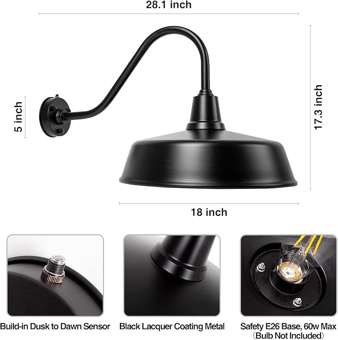 Gooseneck Barn-Lights Outdoor Fixture - 18 inch Farm Style Black Large Lighting Farmhouse Exterior Sconce Wall Light for House Dusk to Dawn Sensor Front Door Porch Garage (18 inch)