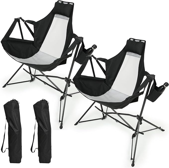 Folding Hammock Camping Chair Portable Adjustable Recliner Rocking Chairs with Cup Holder &amp Carry Bag Aluminum Alloy Frame Ideal for Outdoor Lawn Backyard and Travel 2 Pack (Black)