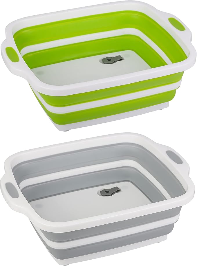 2 Pack Collapsible Cutting Board Foldable Dish Tub with Draining Hole Portable Chopping Board with Colander 3 in 1 Multifunction Camping Sink for Washing Dish Bowl Vegetables and Fruit