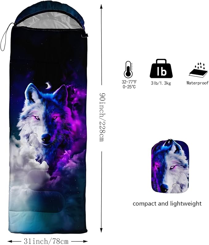 AILONEN Floral Wolf Sleeping Bag for Girls WomenWarm and Cool WeatherLightweightWaterproof BackpackingColorful Flower Animal Print Sleeping Bag for Camping