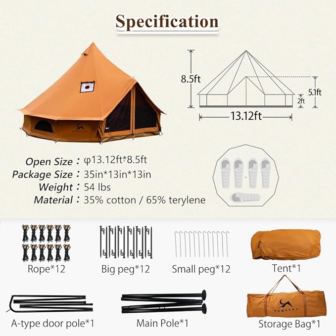 TOMOUNT Canvas Bell Tent with Stove Jack 4-6 Person Use with 360° Ventilated Mesh Dia13.1FT for Family Camping Glamping Yurt Tent 4 Seasons