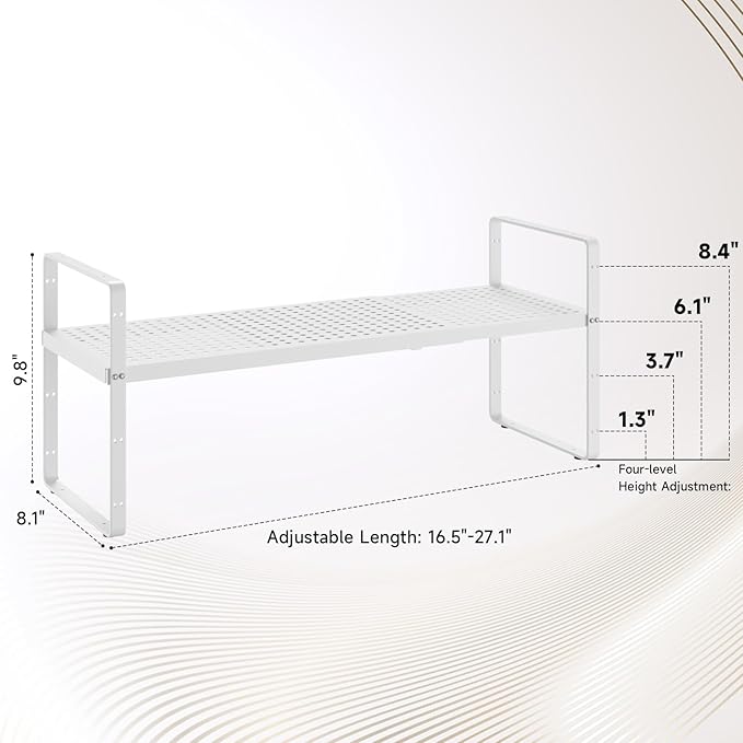 Hole Pattern Expandable Shelf Organizer2Pack 8.1 Wide Easy to Assemble Cabinet Organizer Shelf 16.5~27.1 Adjustable Height&ampStackable Spice Organization for Cupboard White