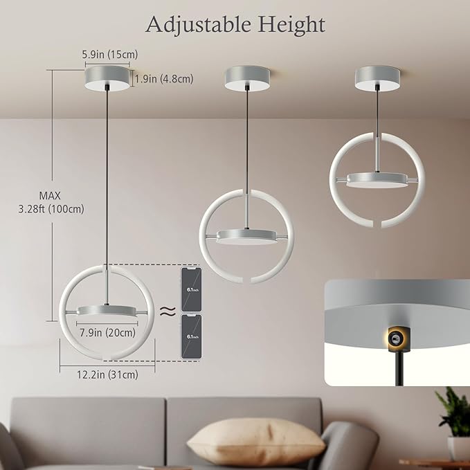 FIMEI LED Saturn Pendant Lights 3000-6000K Dimmable Adjustable Hanging Chandelier Saturn Ring Design for Dining Room Kitchen Island Entryway Bedroom Foyer Black (Gray 1)