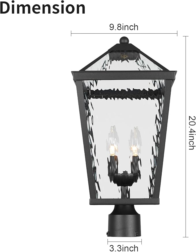 Treekee Outdoor Post Light Fixture Modern Black Pole Lantern with Water Ripple Glass &amp E12 Sockets Exterior Post Cap Lamp for Garden Pathway Courtyard Patio Porch Driveway Street