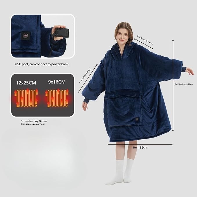 Portable USB 3-Speed Heating Hooded Fleece Camping Blanket Outdoor Warm Blanket for Camping Picnics &amp Home (Grey)
