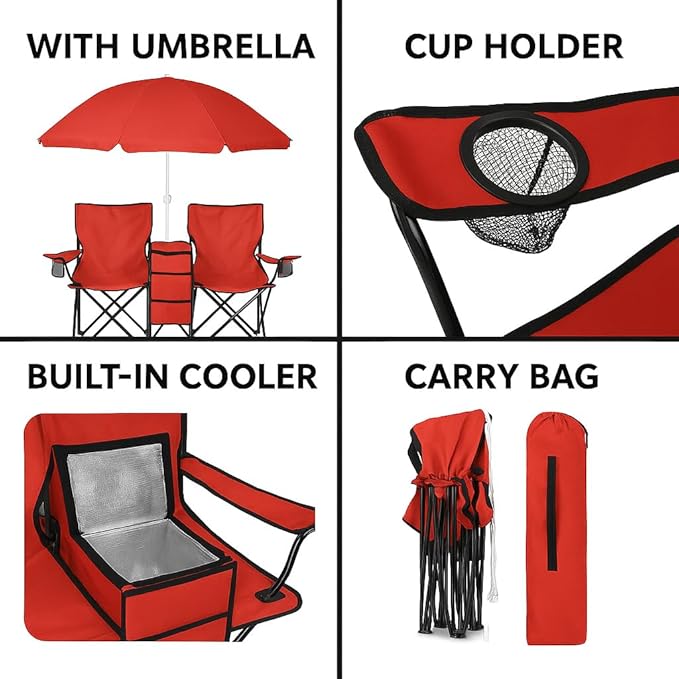 GoTeam Portable Double Folding Chair w/Removable Umbrella Cooler Bag and Carry Case - Red