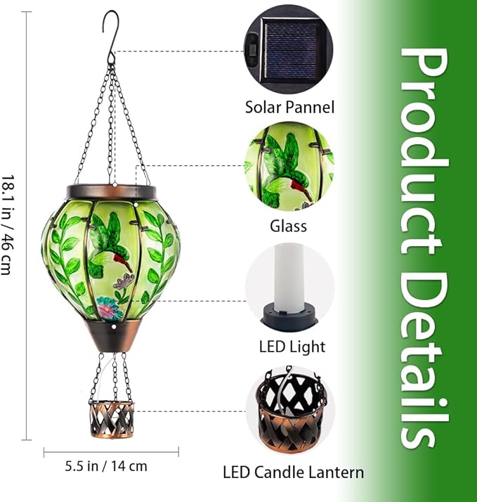 Hummingbird Hot Air Balloon Solar Lantern with Flame  Waterproof Solar Hot Air Balloon Lantern Hanging Outdoor Lanterns Decor for Patio Porch Garden
