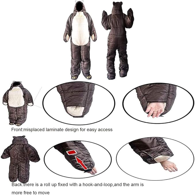 Wearable Sleeping Bag 3 Season Bear-Shaped Sleeping Bag Camping Adults Full Body Sleeping Pouch for CampingTraveling Hiking Backpacking