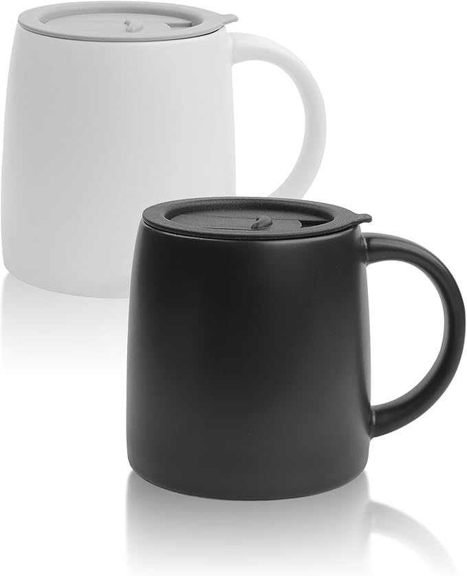 Classic Mug 14 oz Large Coffee Mug with Handle Ceramic Porcelain Tea Cup Smooth Matte (Sliding Lid Set of 2 White and Black)