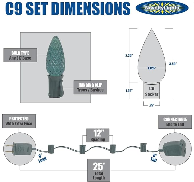 C9 Multi Christmas Light Set - Outdoor/Indoor Hanging Lights - Roofline/Patio String - Green Wire - 25 Ft