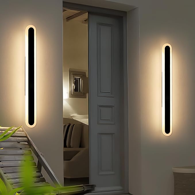 2 Pack 39.3inch Modern Outdoor Wall Light Fixture IP65 Waterproof Oval LED Wall Mounted Sconce 3000K Warm White 36W Black Strip Exterior Lighting for House Backyard Garden Garage