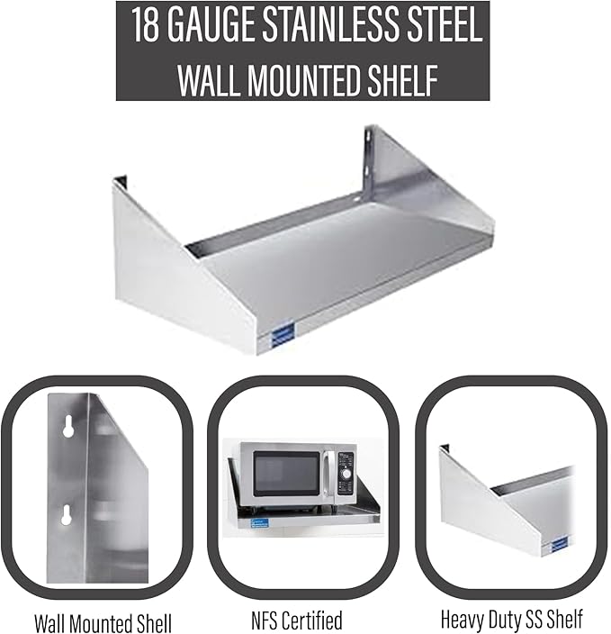 Premium Stainless Steel Wall Shelf with Side Guards | Commercial Metal Wall-Mounted Storage | NSF Certified Utility Shelf for Kitchen Garage or Laundry (30 Long x 12 Deep)