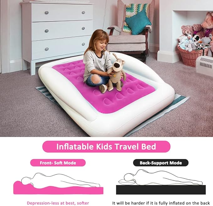 Inflatable Kids Travel Bed Toddler Air Mattress SetPortable Blow Up Mattress Sleeping Bed Cot with Bed Rails and Electric Pump Ideal for Road Trip