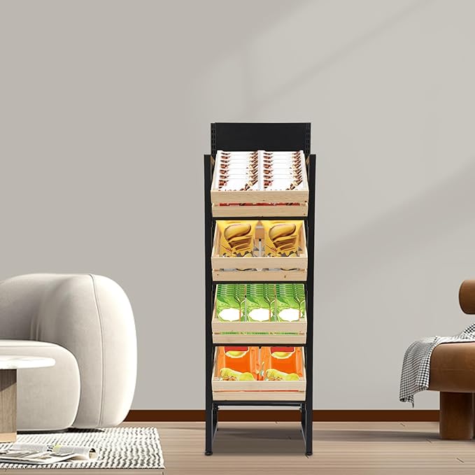 Wood Fruit and Vegetable Storage Rack 4-Tier Narrow Snack Rack Stand Farmers Market Stand for Kitchen Store Supermarket