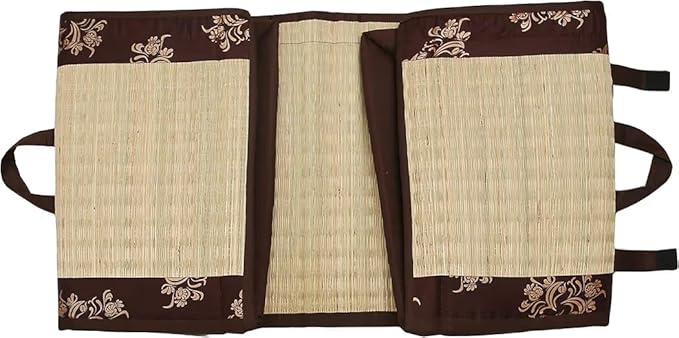 Foldable Sleeping Mat with Soft Cushion Mattress Brown 4x6 Feet Bamboo Surface with Floral Embroidery Portable with Carry Handles
