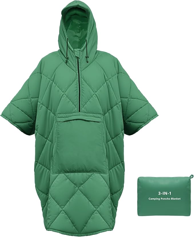 Camping Outdoor Blanket Ultralight Down Alternative Printed Travel Camp Blankets for Sleeping Packable Waterproof Puffy Quilt for Hammock Picnic Stadium Beach Cold Weather (Green Blanket Poncho)