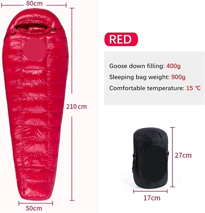 Sleeping Bag White Goose Down Sleeping Bag Camping Filled Men Warm for Travel Hiking for Adult(Red 400g)