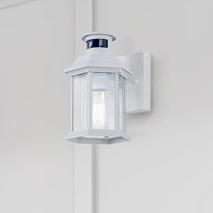 Harbor 1-Light Outdoor Wall Light 10-Inch White with Clear Glass Built-in Motion Sensor/Photocell Classic Durable Outdoor Lantern for Entryways Patios Porches