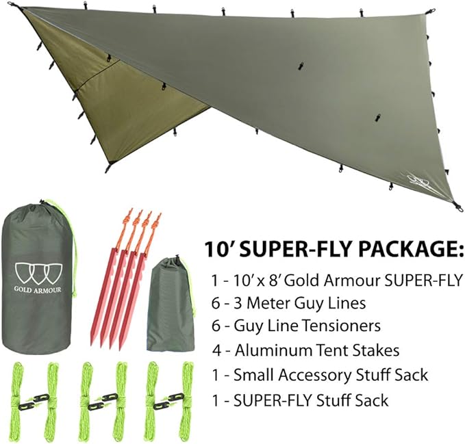 Gold Armour Rainfly Tarp Hammock Premium 14.7ft/12ft/10ft/8ft Rain Fly Cover Waterproof Ultralight Camping Shelter Canopy Survival Equipment Gear Camping Tent Accessories (OD Green 10ft x 8ft)
