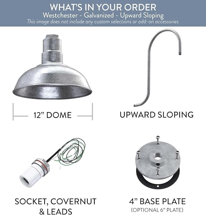Steel Lighting Co. Westchester Barn Light | Outdoor Wall Mounted | 12 inch Dome | Upslope Gooseneck| Warehouse Steel Light Made in America | Galvanized Exterior/Galvanized Interior