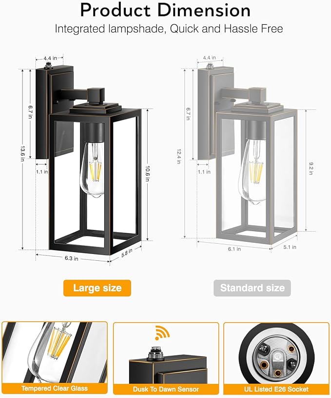 VIANIS Large 2 Pack Dusk to Dawn Outdoor Wall Lights Black Gold Exterior House Lights Wall Mount Sconce Modern Waterproof Front Porch Lanterns Light Fixture for Garage Coach Outside Door Lights