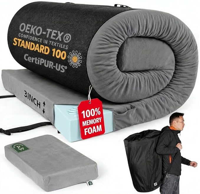 100% Pure Roll Up Memory Foam Camping Mattress with Waterproof Cover &amp Phone Pocket – Portable 3inch CertiPUR-US Sleeping Pad with Travel Bag for Camping Car Tent SUV Pets Guest Bed