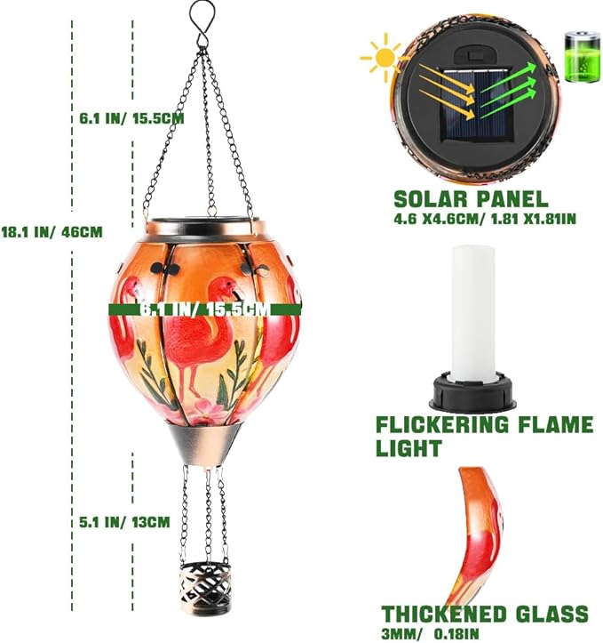Hot Air Balloon Solar Lantern - Flamingo Stained Glass Lantern Simulated Flickering &amp Dancing Flame Outdoor Hanging Yard Light Waterproof IP65 for Patio Lawn Porch Decor Gift