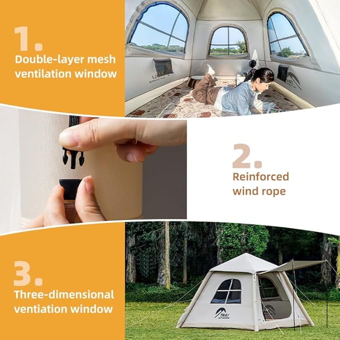 Automatic Inflatable Camping Tent Quick Setup Tent with Electric Air Pump Easy Set up 3-4 Person Blow Up Tents for 4 Seasons Waterproof Windproof Inflatable Tent for Camping