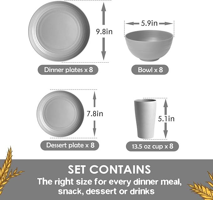 Teivio 32-Piece Kitchen Plastic Wheat Straw Dinnerware Set Service for 8 Dinner Plates Dessert Plate Cereal Bowls Cups Unbreakable Colorful Plastic Outdoor Camping Dishes Light Gray