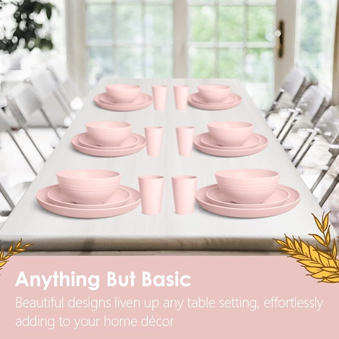 Teivio 32-Piece Kitchen Plastic Wheat Straw Dinnerware Set Service for 8 Dinner Plates Dessert Plate Cereal Bowls Cups Unbreakable Colorful Plastic Outdoor Camping Dishes Pink