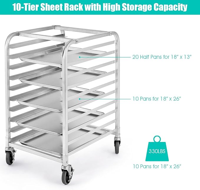 ReunionG 10 Tier Bun Pan Rack Bakery Rack with 2 Lockable Wheels 10 Sheet Aluminum Storage Cooling Trolley with Open Shelf Dough Pizza Baking Mobile Rack for Home Commercial