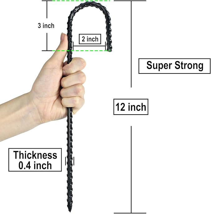 12 Inch Rebar Stakes Heavy Duty J Hook Coated Steel Ground Stakes Tent Stakes Ground Anchors for Chain Link Fence Stakes and Trampoline Stakes (24)
