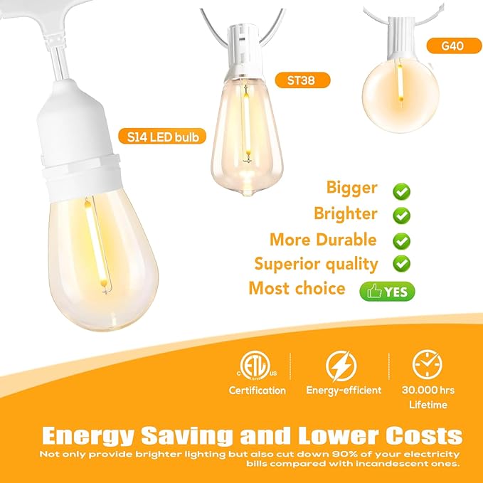 SUFEIMAS 100FT White Outdoor String LightsIP65 Waterproof 30+2 Plastic LED Bulbs 2700K White Patio String Lights for Outside Porch Pergola Backyard Bistro GardenWedding Lights