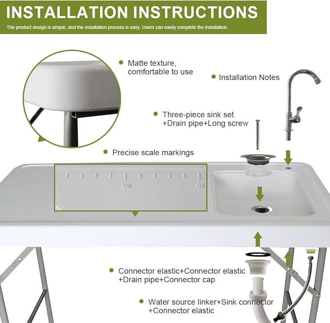 Folding Fishing Cleaning Table with Sink 4ft Portable Foldable Camping Outdoor Table with Faucet for Picnic Camping Kitchen Gardening White