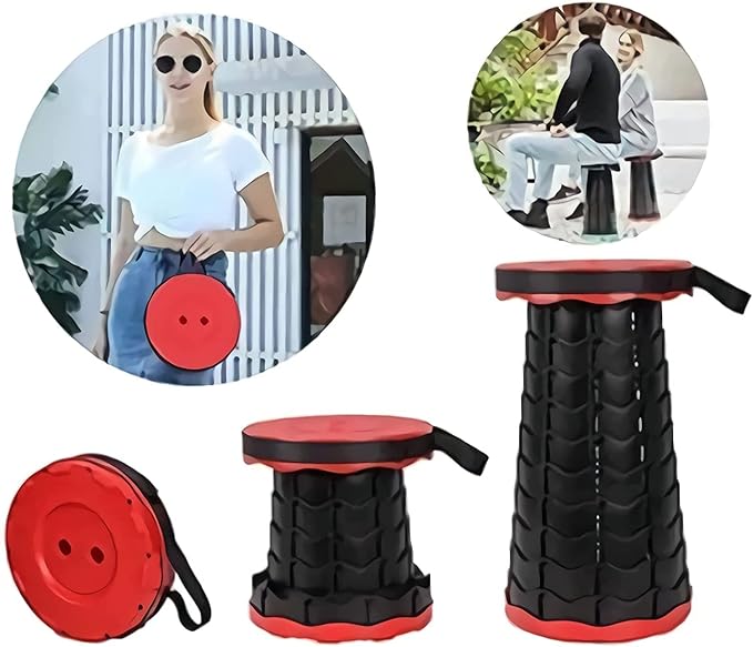 AZM Displays Retractable Folding Stool Collapsible Portable Chair Sturdy Telescopic Stool Lightweight for Camping Fishing Hiking Long Lines Amusement Parks (Red)