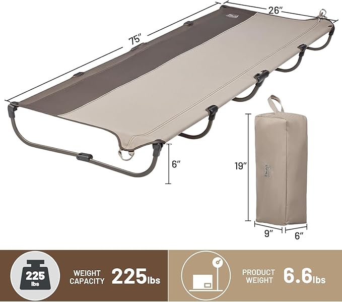 TIMBER RIDGE 20-Second Quick Set-Up Camping Cot Lightweight Aluminum Folding Cot with Zipper Closure Portable Carry Bag Included for Camping Travel and Outdoors Support up to 225lbs Tan 2pcs