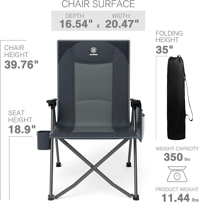 EVER ADVANCED Reclining Camping Chairs for Adult Lightweight Folding Recliner Chair with Adjustable Back 4-Level Lounge Chairs Portable Lawn Chairs for Patio Balcony Supports 350lbs Grey