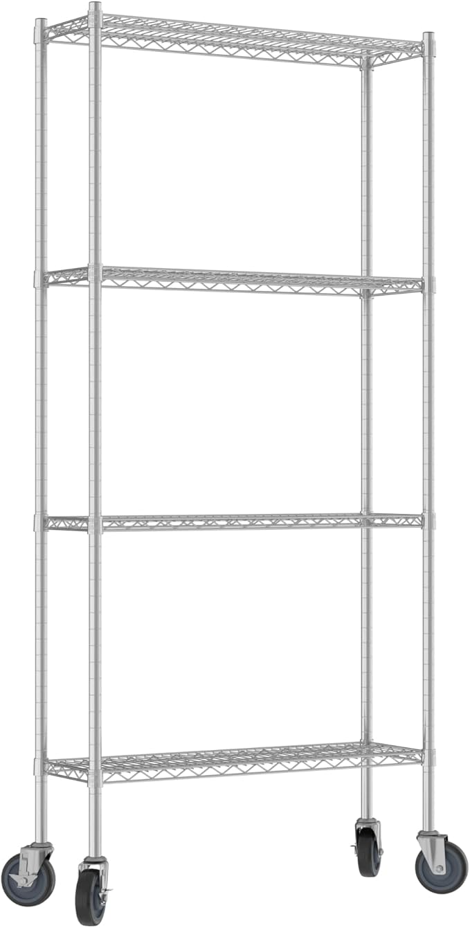 Commercial NSF Listed Chrome Mobile Wire Shelving Kit 12 x 36 x 80 with 4 Shelves Perfect for Warehouse Walk-in Refrigerator Freezer Grocery Store Restaurant Dishroom